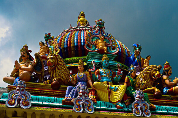 Hindu deities (sculptures) on the Gopuram, Sri Mariamman Temple (built in the South Indian Dravidian style), Singapore
